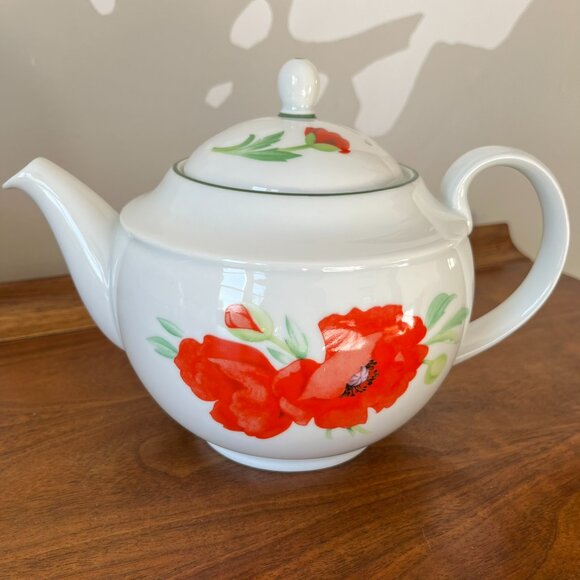 Royal Worcester Poppies Teapot England Fine Porcelain Double-Sided Red Poppy Vtg - Picture 1 of 15